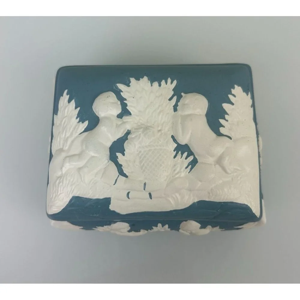 Vintage 1970s Hand Painted Ceramic Lidded Trinket Box Cherubs Angels Blue White